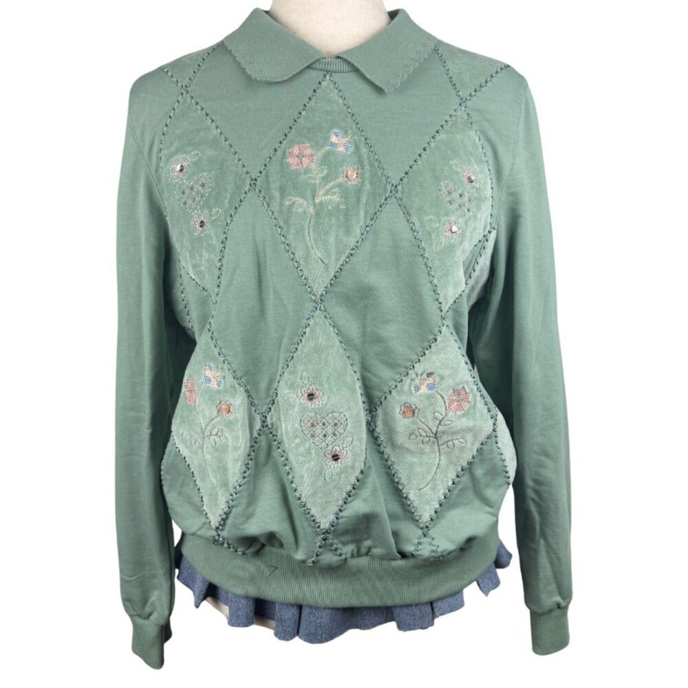 Alfred Dunner Petite Sage Green Floral Embroidered Sweatshirt PM